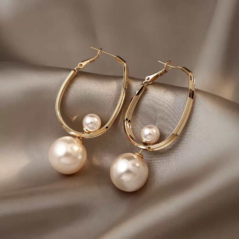 Gold Plated 14K Gold Pearl Hoop Earrings - Picture 3 of 5